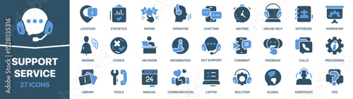 Support service colored signed icon collection. Operator, rating, help, manual, assistance icons. UI icon set. Colored icons pack. Vector illustration