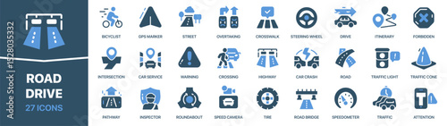 Road and drive colored signed icon collection. Traffic, street, crossing, inspector, speedometer icons. UI icon set. Colored icons pack. Vector illustration