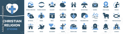 Christian religion colored signed icon collection. Pray, gospel, angel, bible, church icons. UI icon set. Colored icons pack. Vector illustration