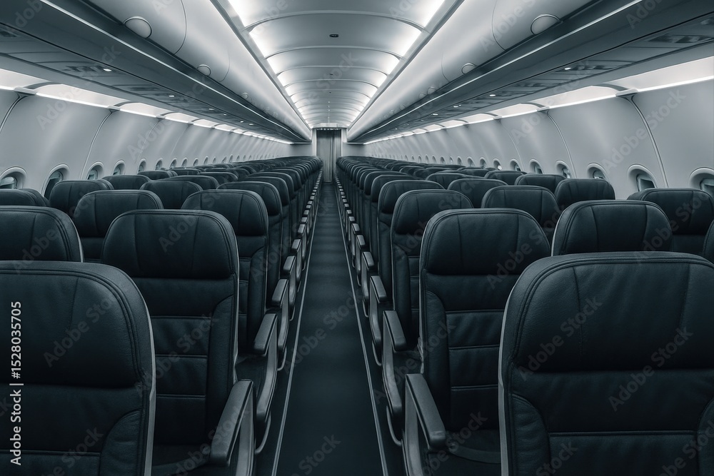 Fototapeta premium Aisle between rows of black seats in airplane cabin.