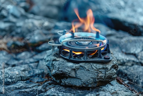 Camping gas stove on the stone  Portable equipment for cooking outdoors