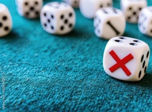 White dice with a red X on one, teal surface
