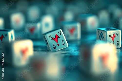 Close-up of many small cubes, some focused, some blurred, showing symbols