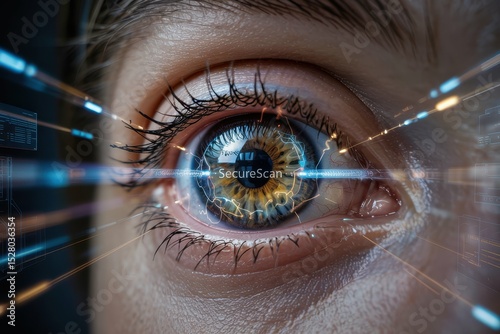 A photograph capturing a close up view of a human eye with intricate digital overlay representing retinal biometrics technology
