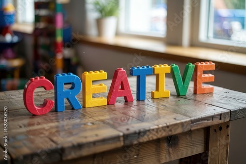 A photograph showcasing colorful toy bricks arranged on a rustic wooden table, meticulously spelling out CREATIVE in capital letters