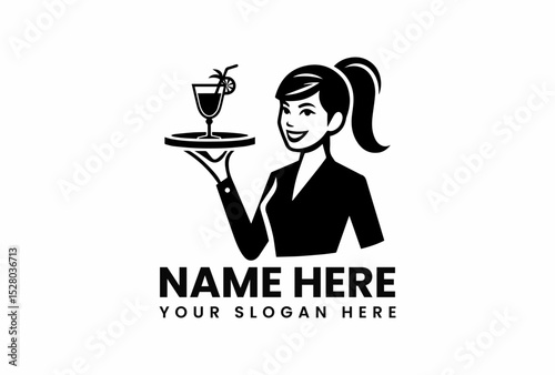 Elegant black vector logo of a happy waitress holding a cocktail tray for hospitality and food service branding  