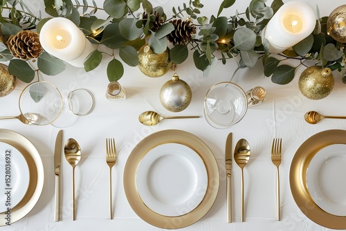 high resolution picture of Christmas table with golden decorations, top view