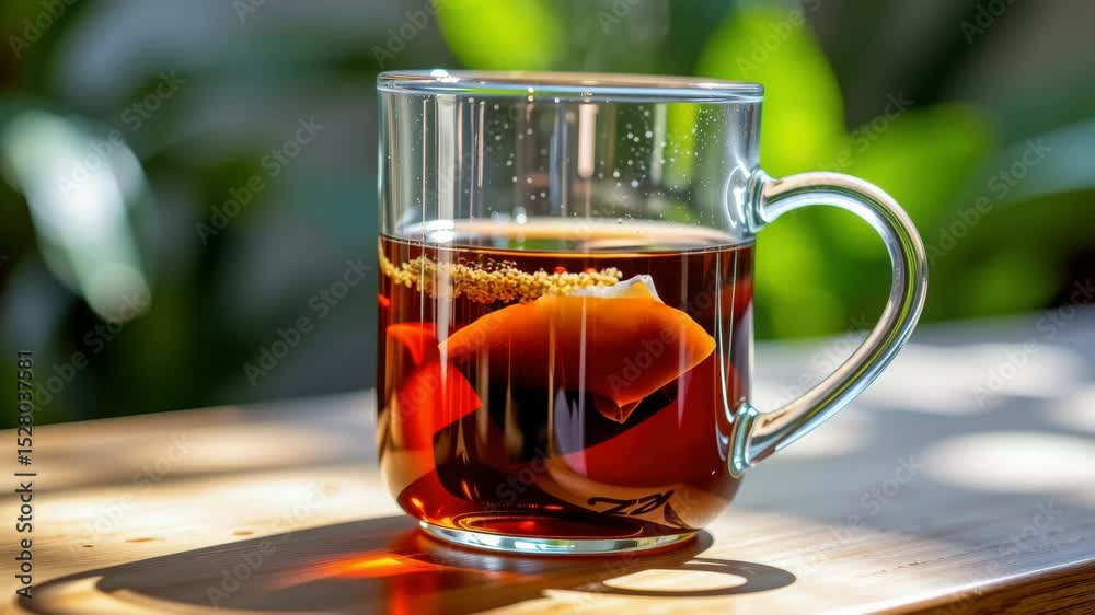 A clear glass mug filled with hot tea and a tea bag, sitting on a sunlit wooden surface with a green blurred background.
