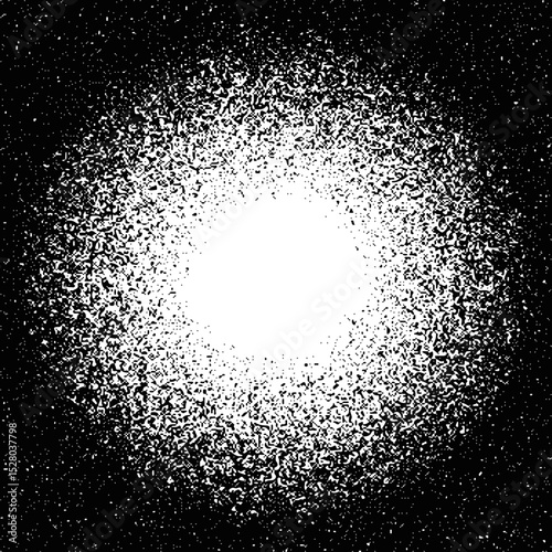 Gradient dots with grainy texture and noise effect background with small particles sprayed in a circle. Round halftone sphere with spray pattern and brush texture on white background in PNG format.