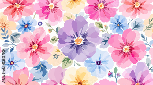 Pastel Floral Seamless Pattern Watercolor Flowers Isolated on Transparent Background, Floral Design, Botanical Illustration, Flowers