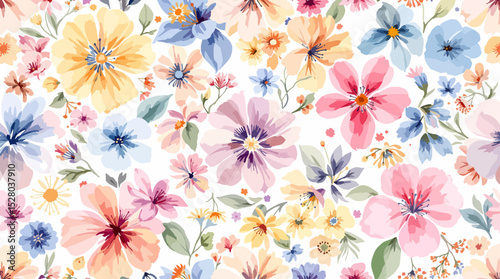 Pastel Floral Seamless Pattern Watercolor Flowers Isolated on Transparent Background, Floral Design, Botanical Illustration, Flowers