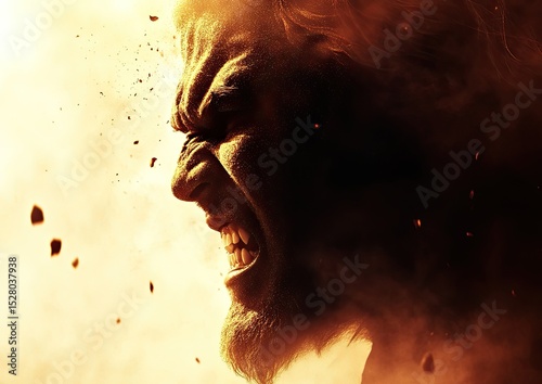 Angry male profile, fiery background