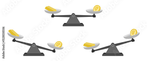 balance scales with gold bar and bitcoin or cryptocurrency. vector illustration isolated on white background.