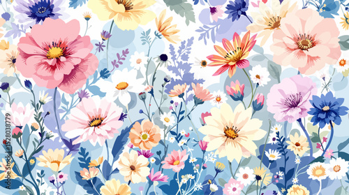 Pastel Floral Seamless Pattern Watercolor Flowers Isolated on Transparent Background, Floral Design, Botanical Illustration, Flowers