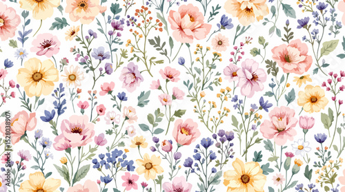 Pastel Floral Seamless Pattern Watercolor Flowers Isolated on Transparent Background, Floral Design, Botanical Illustration, Flowers