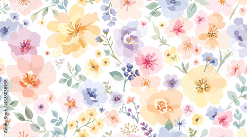 Pastel Floral Seamless Pattern Watercolor Flowers Isolated on Transparent Background, Floral Design, Botanical Illustration, Flowers