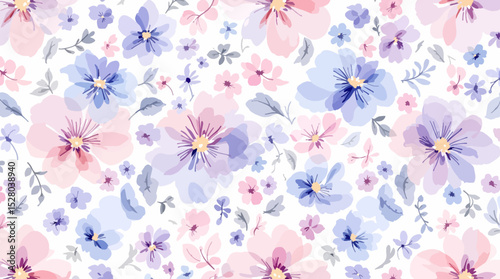 Pastel Floral Seamless Pattern Watercolor Flowers Isolated on Transparent Background, Floral Design, Botanical Illustration, Flowers