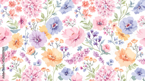 Pastel Floral Seamless Pattern Watercolor Flowers Isolated on Transparent Background, Floral Design, Botanical Illustration, Flowers