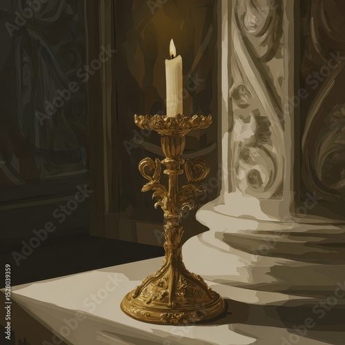 Ornate candleholder in a dimly lit interior.