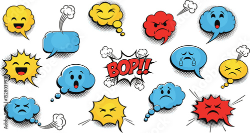A collection of cartoon speech bubbles showcasing various emotions. From happy smiles to angry expressions, these colorful bubbles are ideal for expressing a wide range of feelings.