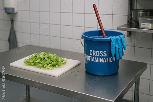 Cross contamination in food-preparation zone: contact between soiled sanitation equipment and fresh lettuce on shared surface under noncompliant hygienic and handling conditions..