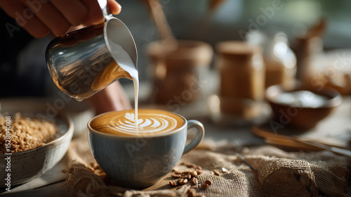 Expert Barista Pouring Steamed Milk into Latte with Beautiful Art Design in Cozy Cafe Setting