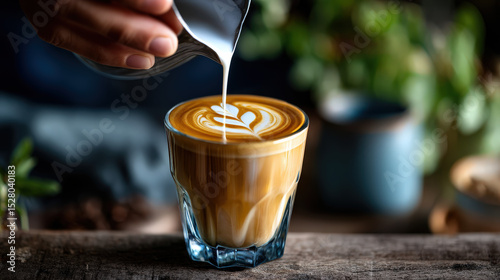 Skilled Barista Pouring Steamed Milk into Latte, Creating Beautiful Latte Art in Cozy Coffee Shop Setting