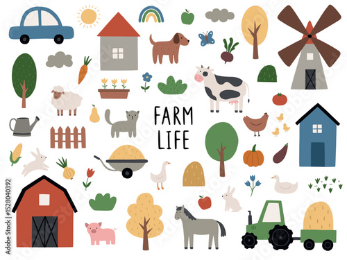 A hand-drawn rustic set. A collection of isolated farm animals on a white background. Vector illustration in a flat style