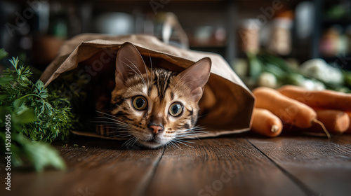 Curious Bengal Kitten Peeking Out from a Paper Bag Surrounded by Fresh Vegetables on a Rustic Wooden Table