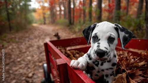 Adorable Dalmatian Puppy Sitting in a Red Wagon Surrounded by Colorful Autumn Leaves in a Forest Path