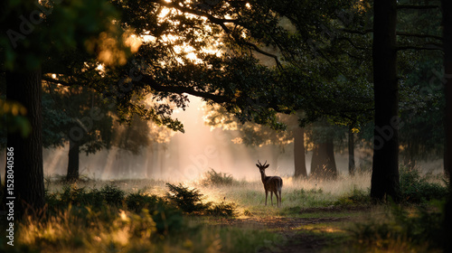 Deer Standing Calmly in Morning Mist Within Lush Forest Landscape at Dawn