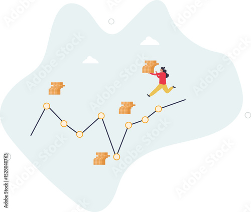 DCA, Dollar Cost Averaging investment strategy to put same amount of money every month to earn more wealth and profit concept. character life .