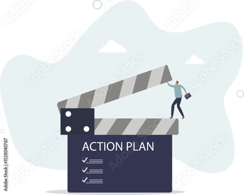 Action plan with checklist step by step of business implementation, procedure or strategy plan to finish project concept. character life .
