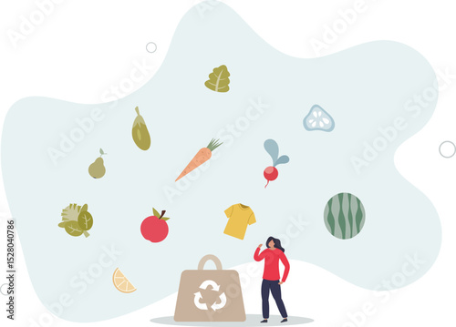 Eco friendly products with recyclable and organic packaging tiny person concept.Grocery items from zero waste shops as natural. character life .