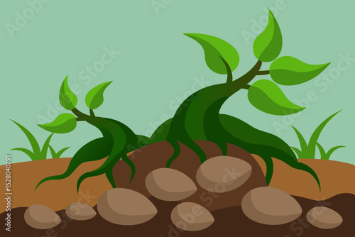 Cartoon illustration of plants growing among rocks