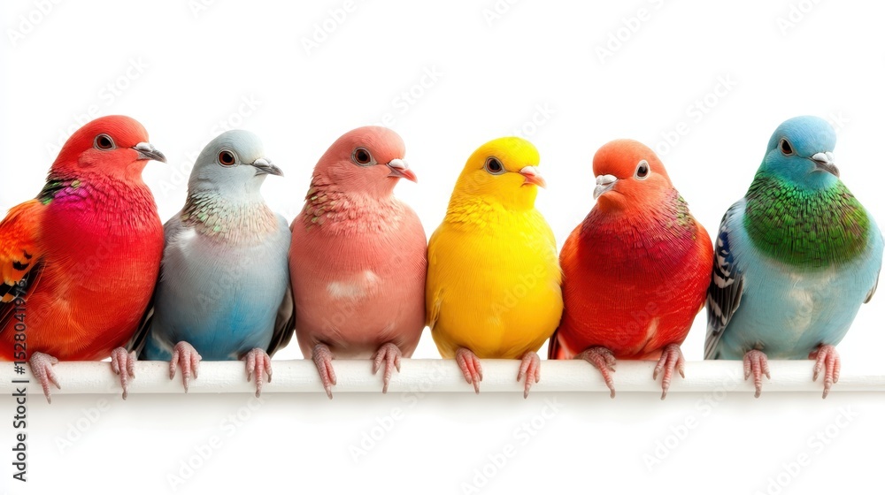 Fototapeta premium A vibrant display of six colorful birds showcasing a range of hues perched closely, highlighting their beauty and diversity in a minimalist setting against white.