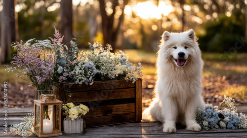 Fluffy Samoyed Puppy Sitting in a Wooden Crate Surrounded by Colorful Flowers at Sunset in a Serene Outdoor Setting
