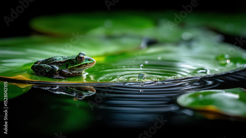 Frog Resting on a Lily Pad with Water Reflection and Droplets in a Tranquil Pond Environment