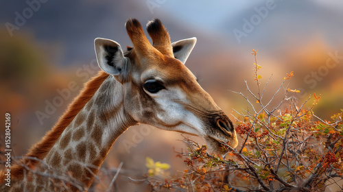 Elegant Giraffe Bending Its Neck to Feed on Leaves from Bush in Beautiful Savanna Landscape at Dusk