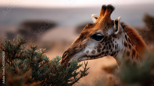 Giraffe Bending Its Neck to Eat Leaves from a Bush in a Natural Landscape at Sunset