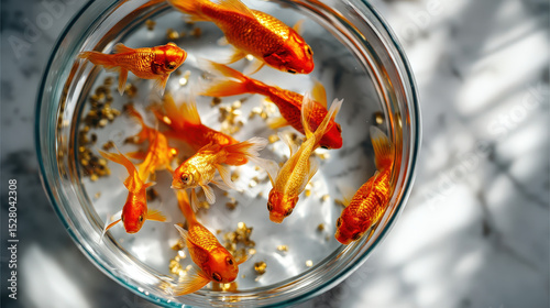 Graceful Goldfish Swimming in Clear Water Surrounded by Glittering Gold Debris in a Bright and Tranquil Setting