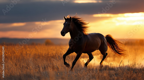 Majestic horse galloping freely through an open meadow under a vibrant sunset with golden hues illuminating the landscape