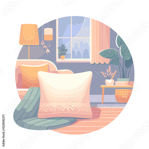 Throw pillow in a cozy living room with soft colors and warm atmosphere