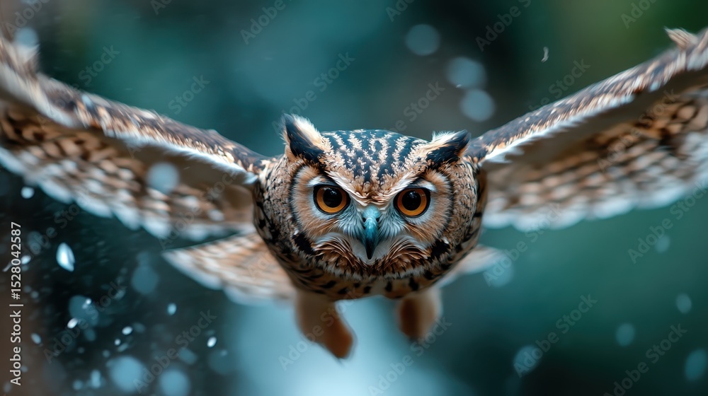 Obraz premium An impressive owl soars gracefully through a snowy landscape, showcasing its stunning plumage and keen gaze, symbolizing wisdom and the beauty of nature.