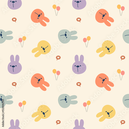 Face rabbit cartoon so cute. On heart balloons background. Pattern seamless vector illustration. 