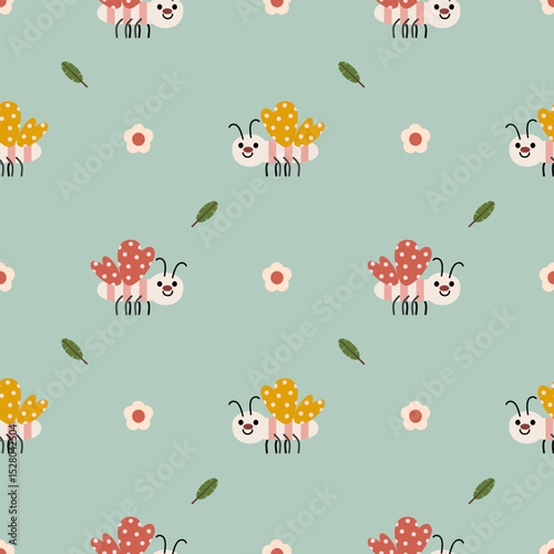 Butterfly cartoon so cute.  On leaf flower background. Pattern seamless vector illustration. 