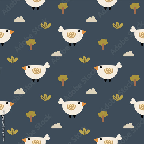 Bird white cartoon so cute. On tree cloud blue background. Pattern seamless vector illustration. 