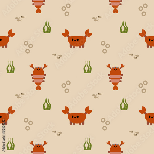Shrimp and crab cartoon so cute. On seaweed bubbles fish background. Pattern seamless vector illustration. 