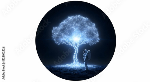 Astronaut Looking at Glowing Tree in Dark Space