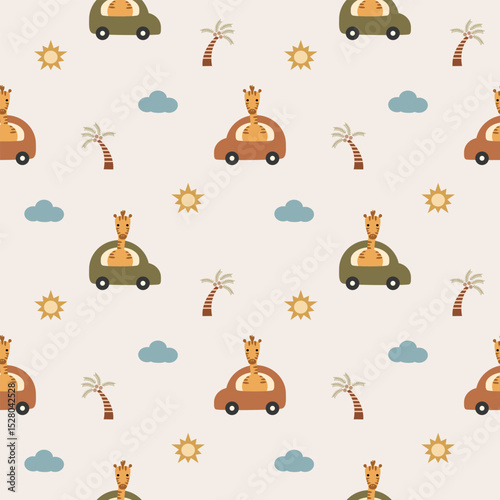 Giraffe in car cartoon so cute. On tree cloud sun background. Pattern seamless vector illustration. 
